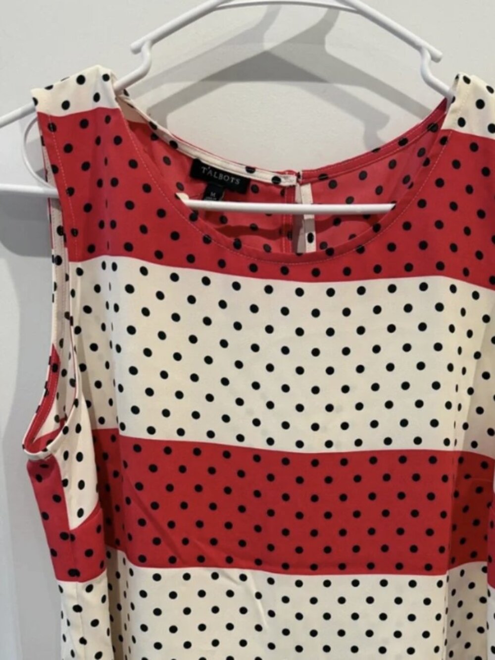 Talbots Pink White Black Polka Dot Striped Sleeveless Blouse L